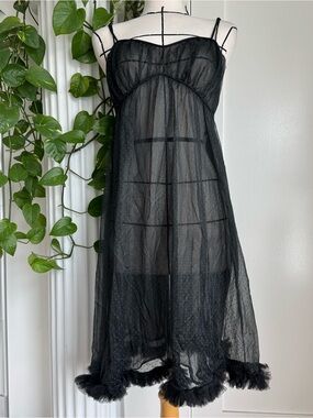 Vintage Black Sheer Dotted Slip Dress with Ruffle Hem